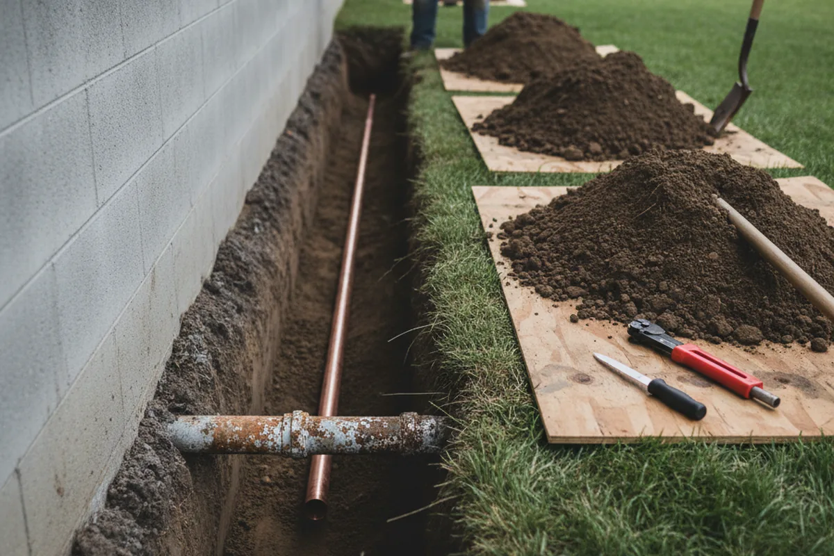 Excavated water line trench during Water Heater Repair in Rindge